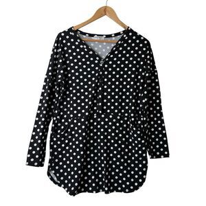 Frumos Boutique Tunic Top M Black White Polka Dot Pockets Minimal Classic Retro